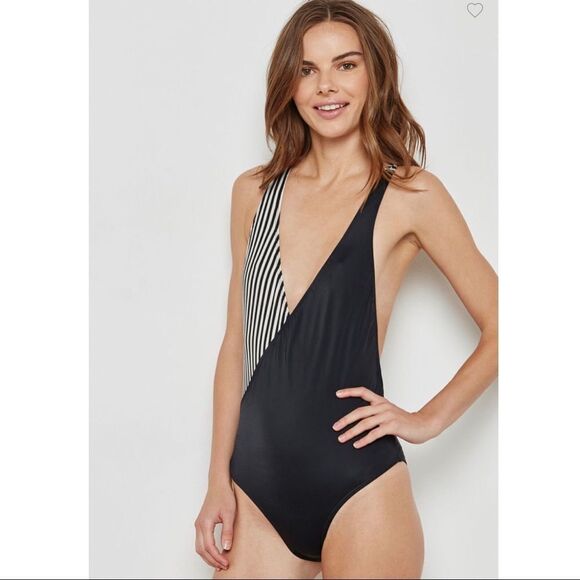 Topshop Swimsuit Womens 6 Black Striped Crossback Monochrome V Neck - Picture 1 of 6